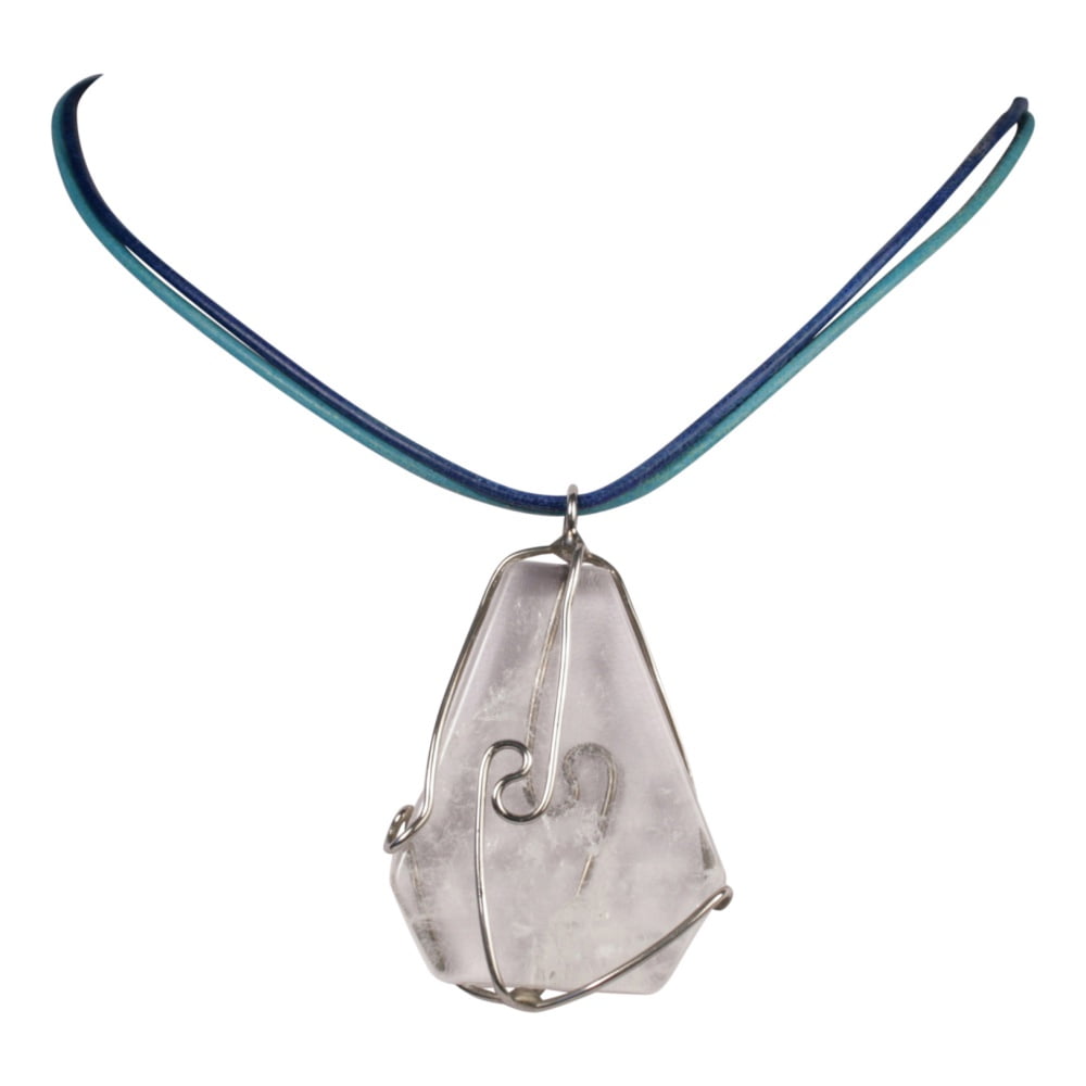 Ketting van twee blauwe leren veters met edelsteen Bergkristal schijf