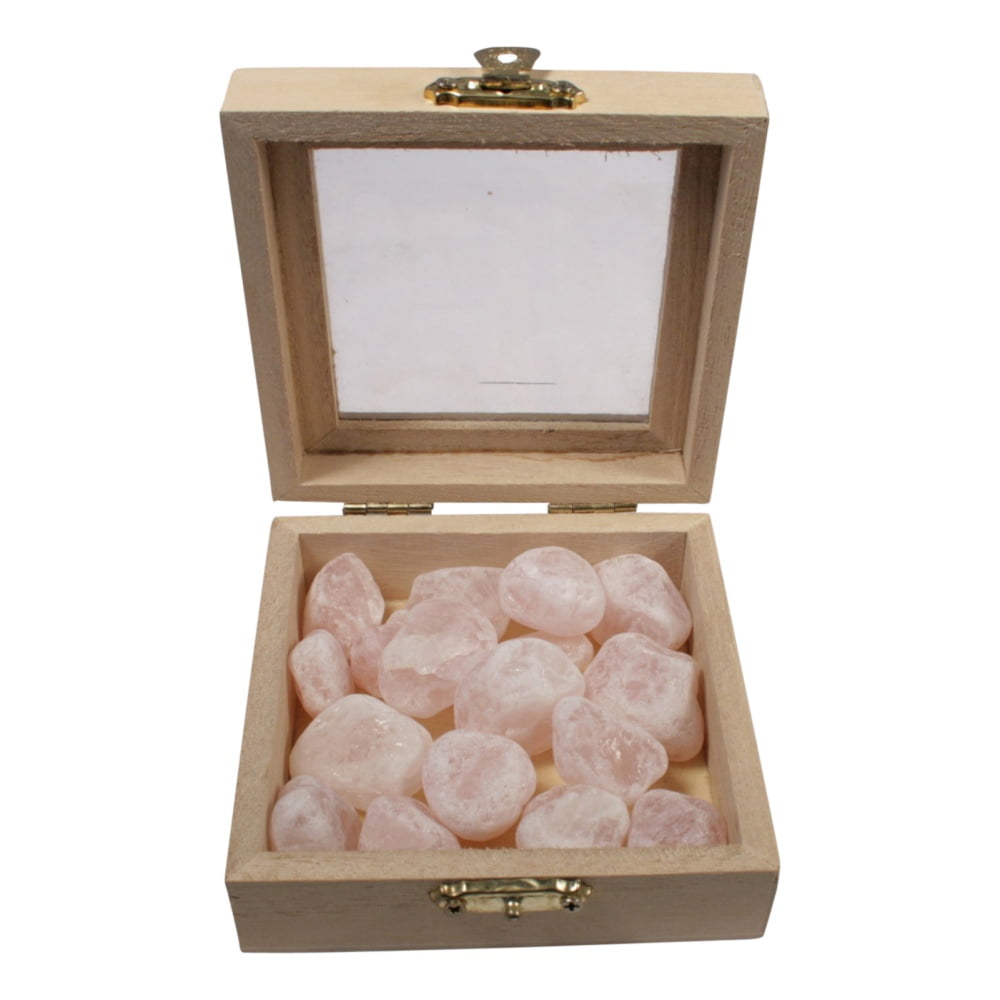 Houten doosje roze Rozenkwarts steentjes voor water steentjes