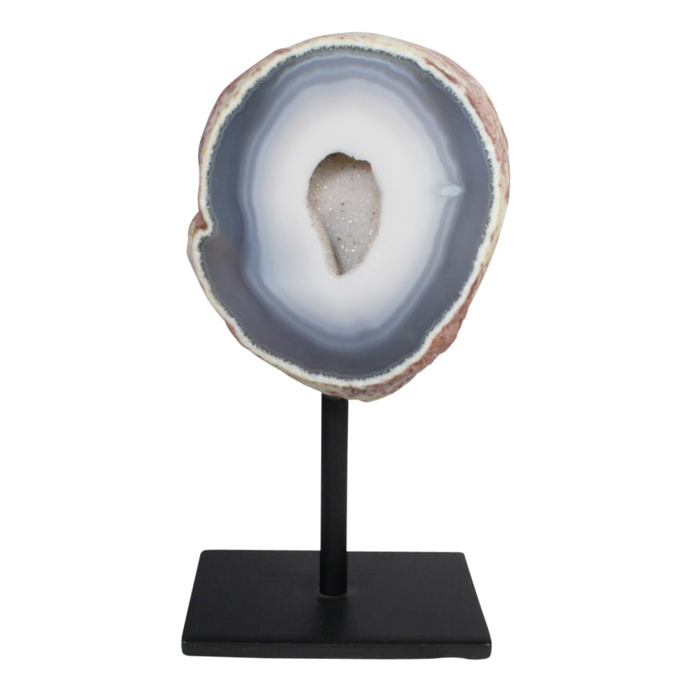 grijs witte aggat sculptuur op zwarte sokkel