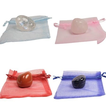 Zakje knuffelsteen Rozenkwarts, bergkristal Sodaliet en Jaspis