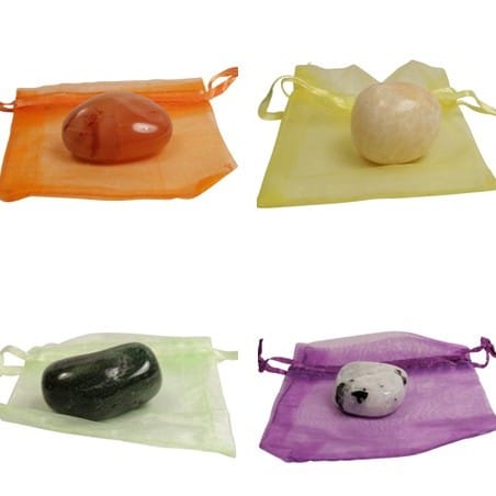 Zakje knuffesteen Maansteen, Aventrijn, carneool, calciet
