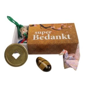 Geluksdoosje Bedankt - met kraanvogel, muntje gelukspoppetje en gelukssteentje
